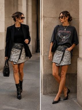 NWOT Rachel Zoe Bowery Asymmetric Metallic Tweed Mini Skirt Black White Silver 2